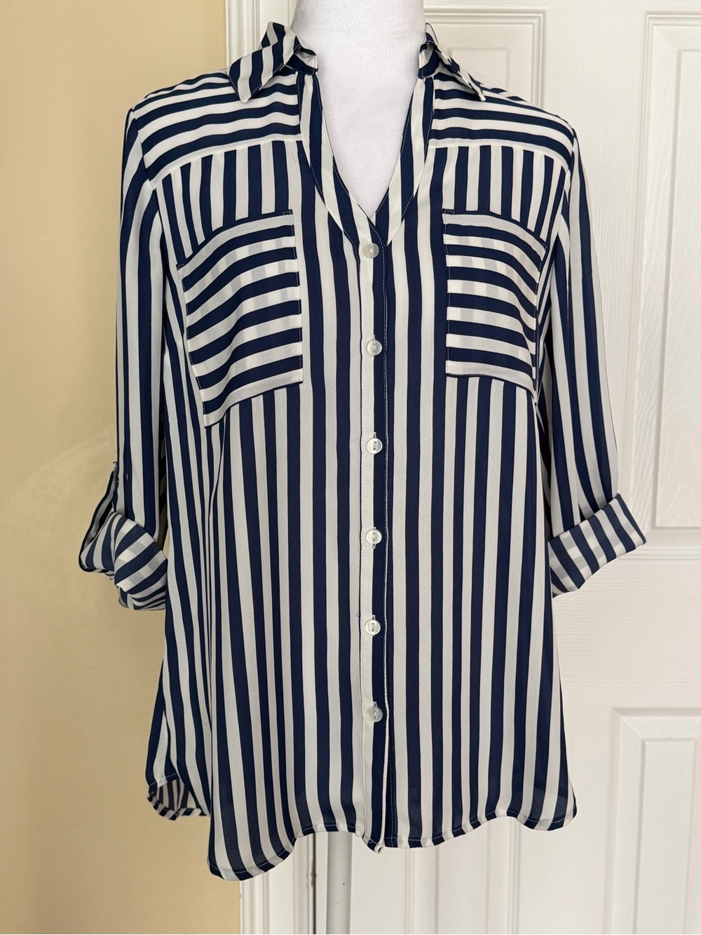 BCX Blue & White Striped Button Front Blouse Spread Collar Roll Cuff Sleeves Med